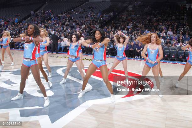 The Sacramento Kings dance team performs during the game against the Atlanta Hawks on March 22, 2018 at Golden 1 Center in Sacramento, California....