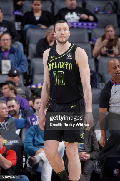Miles Plumlee of the Atlanta Hawks looks on during the game against the Sacramento Kings on March 22, 2018 at Golden 1 Center in Sacramento,...
