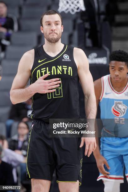 Miles Plumlee of the Atlanta Hawks looks on during the game against the Sacramento Kings on March 22, 2018 at Golden 1 Center in Sacramento,...