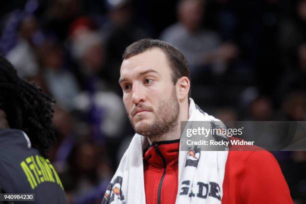 Miles Plumlee of the Atlanta Hawks looks on during the game against the Sacramento Kings on March 22, 2018 at Golden 1 Center in Sacramento,...