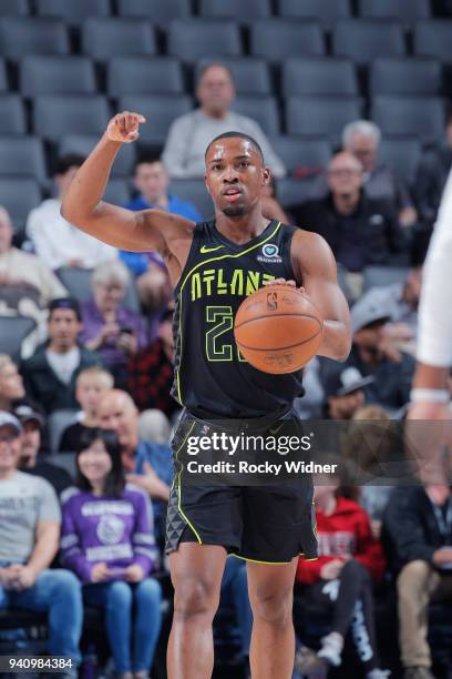 Isaiah Taylor of the Atlanta Hawks brings the ball up the court against the Sacramento Kings on March 22, 2018 at Golden 1 Center in Sacramento,...