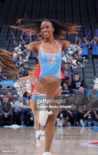 The Sacramento Kings dance team performs during the game against the Atlanta Hawks on March 22, 2018 at Golden 1 Center in Sacramento, California....