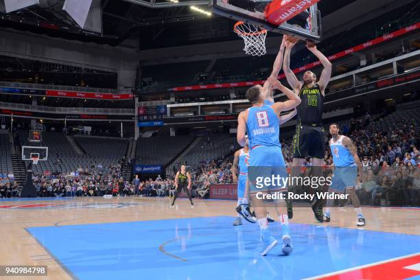 Miles Plumlee of the Atlanta Hawks shoots a layup against the Sacramento Kings on March 22, 2018 at Golden 1 Center in Sacramento, California. NOTE...