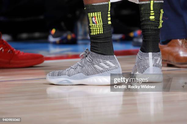 The sneakers belonging to Taurean Prince of the Atlanta Hawks in a game against the Sacramento Kings on March 22, 2018 at Golden 1 Center in...