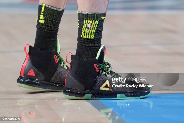 The sneakers belonging to Miles Plumlee of the Atlanta Hawks in a game against the Sacramento Kings on March 22, 2018 at Golden 1 Center in...