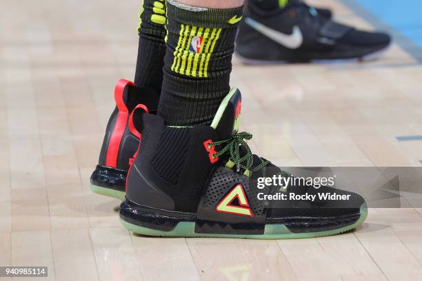 The sneakers belonging to Miles Plumlee of the Atlanta Hawks in a game against the Sacramento Kings on March 22, 2018 at Golden 1 Center in...