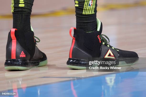 The sneakers belonging to Miles Plumlee of the Atlanta Hawks in a game against the Sacramento Kings on March 22, 2018 at Golden 1 Center in...