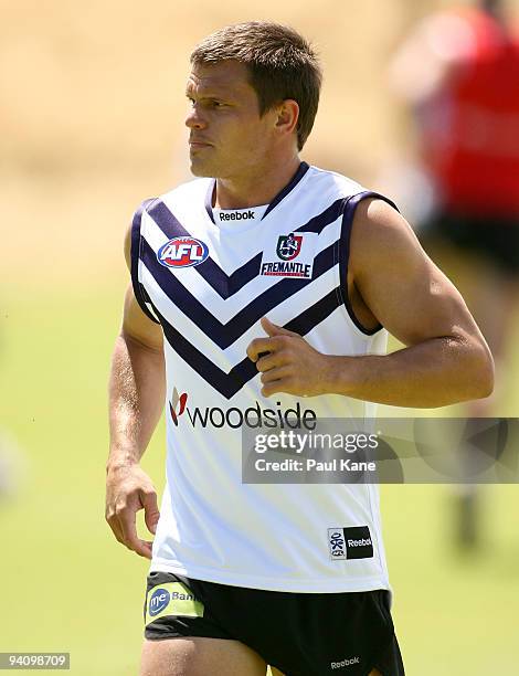 Byron Schammer of the Dockers jogs during a Fremantle Dockers AFL training session at Santich Park on December 7, 2009 in Fremantle, Australia.