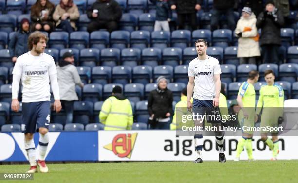 Preston North End's Paul Huntington looks dejected after Derby County's Tom Lawrence's scored the opening goal from a free-kick during the Sky Bet...