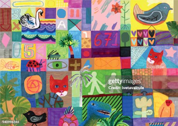 colourful mixed media collage background pattern - orang utan stock illustrations