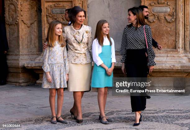 Princess Leonor of Spain, Queen Sofia,Princess Sofia of Spain and Queen Letizia of Spain attend the Easter mass on April 1, 2018 in Palma de...