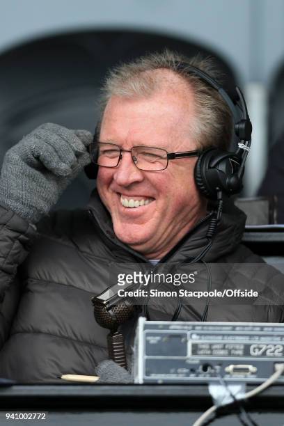 Former Boro manager Steve McClaren laughs and smiles as he works as a radio commentator during the Sky Bet Championship match between Burton Albion...