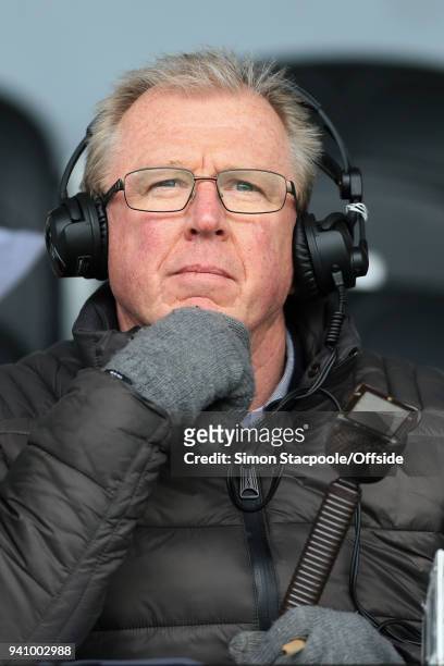 Former Boro manager Steve McClaren looks on as he works as a radio commentator during the Sky Bet Championship match between Burton Albion and...