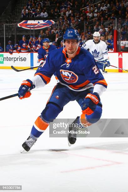 Brock Nelson of the New York Islanders skates against the Toronto Maple Leafs at Barclays Center on March 30, 2018 in New York City. Toronto Maple...