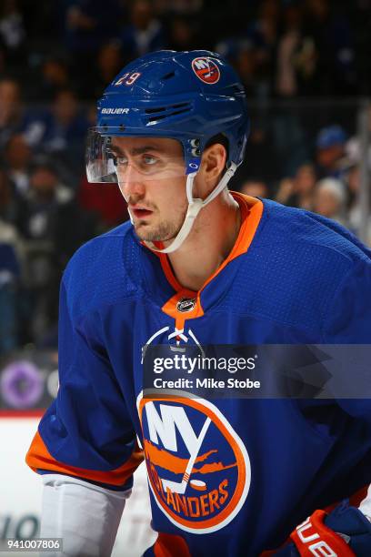 Brock Nelson of the New York Islanders skates against the Toronto Maple Leafs at Barclays Center on March 30, 2018 in New York City. Toronto Maple...