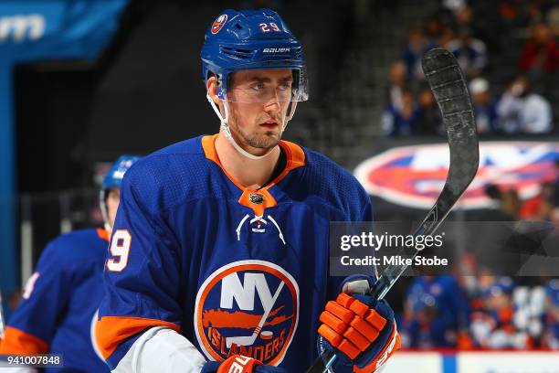 Brock Nelson of the New York Islanders skates against the Toronto Maple Leafs at Barclays Center on March 30, 2018 in New York City. Toronto Maple...