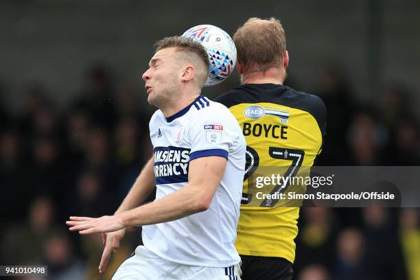 Ben Gibson of Boro battles with Liam Boyce of Burton during the Sky Bet Championship match between Burton Albion and Middlesbrough at the Pirelli...