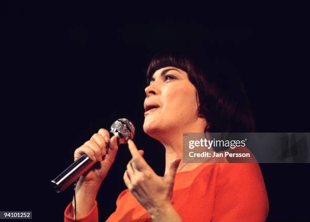 Mirelle Mathieu performs on stage in May 1973 in Copenhagen, Denmark.