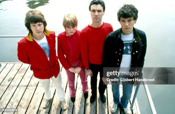 Talking Heads posed in Amsterdam, Netherlands in June 1977. L-R Chris Frantz, Tina Weymouth, David Byrne, Jerry Harrison