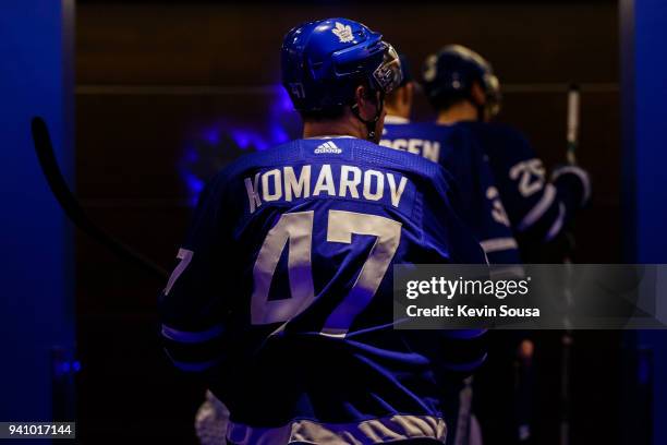 Leo Komarov of the Toronto Maple Leafs returns to the locker room after the first period against the Winnipeg Jets at the Air Canada Centre on March...