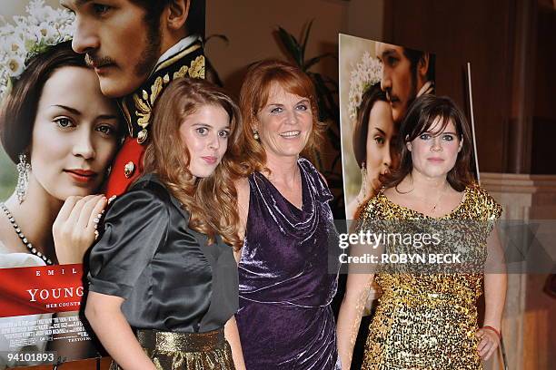 The Duchess of York Sarah Ferguson arrives with her daughters Princess Beatrice and Princess Eugenie for the US premiere of "The Young Victoria" in...