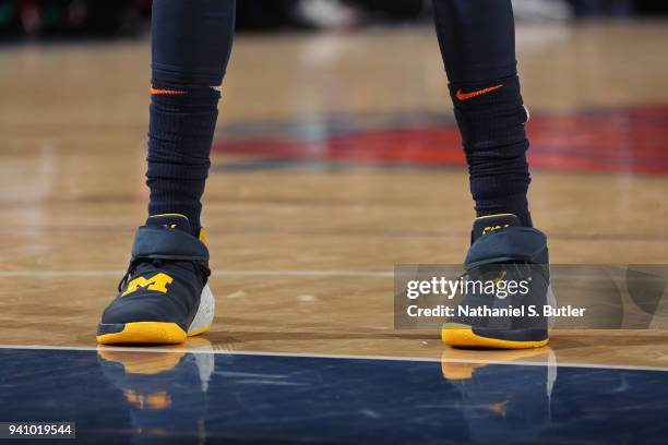 The sneakers of Tim Hardaway Jr. #3 of the New York Knicks before the game against the Detroit Pistons on March 31, 2018 at Madison Square Garden in...