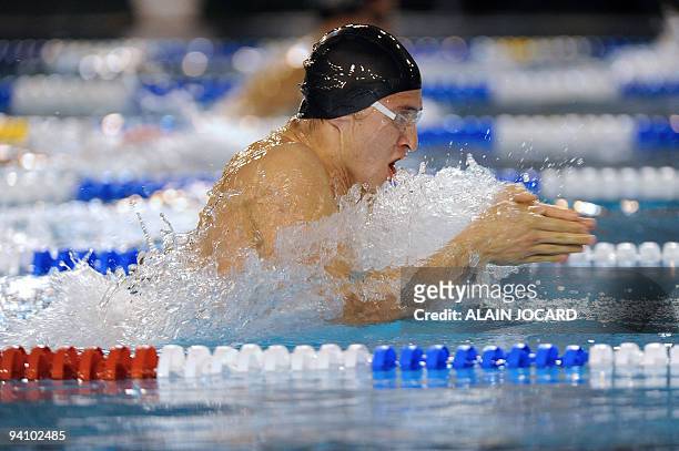 French Giacomo Perez Dortona competes during the men 200 meters breaststroke final race at the France's national short course championship on...
