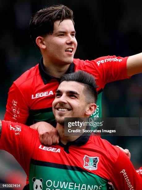 Wojciech Golla of NEC Nijmegen celebrates 2-0 with Ferdi Kadioglu of NEC Nijmegen during the Dutch Jupiler League match between NEC Nijmegen v...