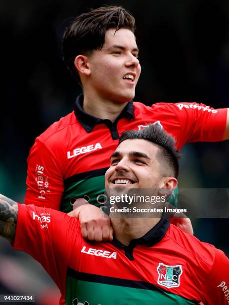 Wojciech Golla of NEC Nijmegen celebrates 2-0 with Ferdi Kadioglu of NEC Nijmegen during the Dutch Jupiler League match between NEC Nijmegen v...