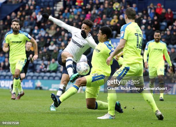 Preston North End's Callum Robinson has his half-volley effort charged down by Derby County's Curtis Davies during the Sky Bet Championship match...