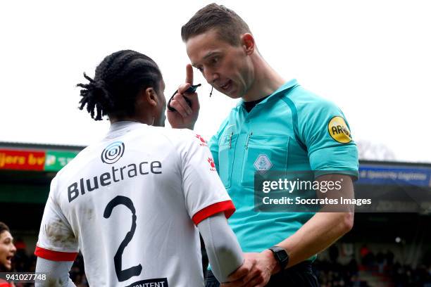 Rodney Lopes Cabral of Telstar, referee Christaan Bax during the Dutch Jupiler League match between NEC Nijmegen v Telstar at the Goffert Stadium on...