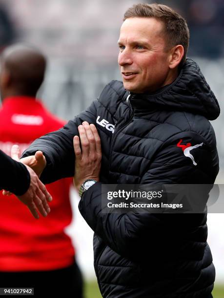 Coach Pepijn Lijnders of NEC Nijmegen during the Dutch Jupiler League match between NEC Nijmegen v Telstar at the Goffert Stadium on April 2, 2018 in...