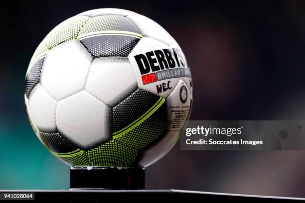 Match ball derbystar during the Dutch Jupiler League match between NEC Nijmegen v Telstar at the Goffert Stadium on April 2, 2018 in Nijmegen...