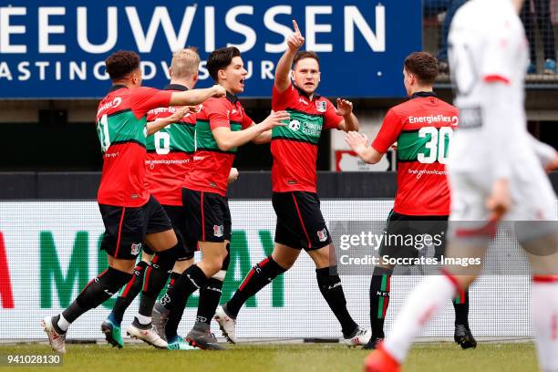 Michael Heinloth of NEC Nijmegen celebrates 1-0 during the Dutch Jupiler League match between NEC Nijmegen v Telstar at the Goffert Stadium on April...