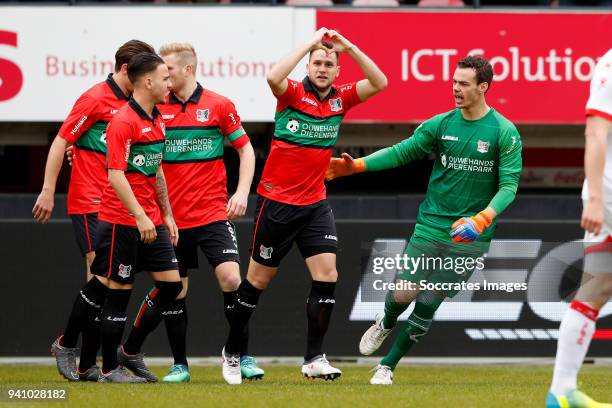 Michael Heinloth of NEC Nijmegen celebrates 1-0 with Joris Delle of NEC Nijmegen during the Dutch Jupiler League match between NEC Nijmegen v Telstar...