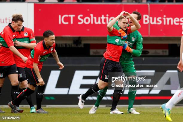 Michael Heinloth of NEC Nijmegen celebrates 1-0 with Joris Delle of NEC Nijmegen during the Dutch Jupiler League match between NEC Nijmegen v Telstar...