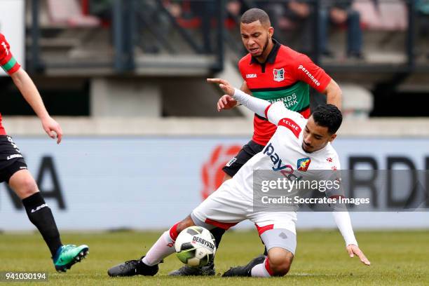 Gregor Breinburg of NEC Nijmegen, Mohamed Hamdaoui of Telstar during the Dutch Jupiler League match between NEC Nijmegen v Telstar at the Goffert...