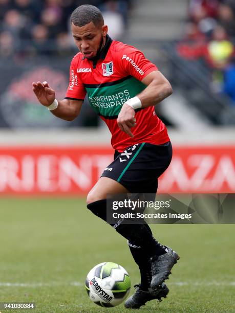 Gregor Breinburg of NEC Nijmegen during the Dutch Jupiler League match between NEC Nijmegen v Telstar at the Goffert Stadium on April 2, 2018 in...