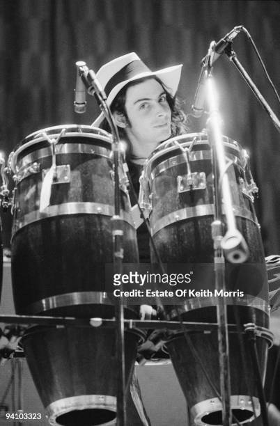 English percussionist Mickey Finn of English glam rock group T-Rex, during a US tour, 1971.