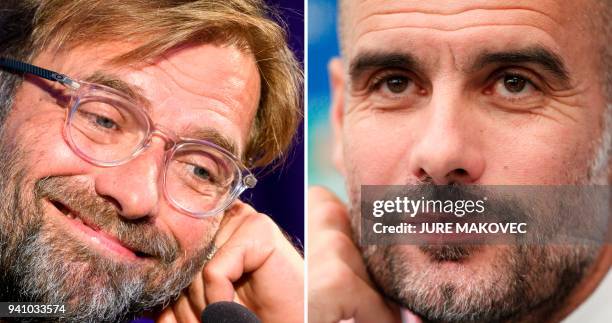 Combination of pictures created in London on April 2, 2018 shows Liverpools head coach Jurgen Klopp holds at a press conference on the eve of the...