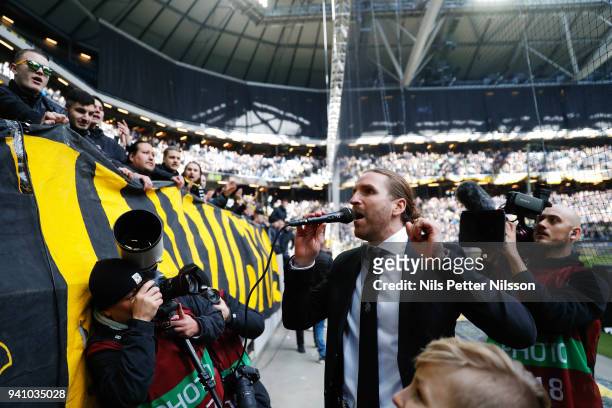 Legendary players Nils Eric Johansson of AIK is thanked off ahead of the Allsvenskan match between AIK and Dalkurd FF at Friends Arena on april 2,...