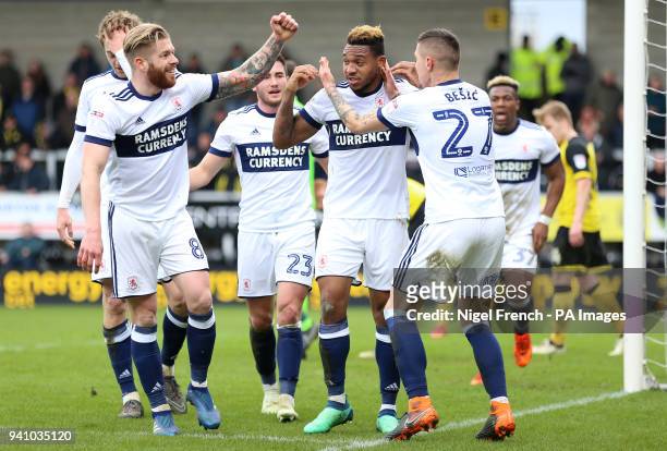 Middlesbrough's Britt Assombalonga celebrates scoring his side's first goal of the game during the Championship match at the Pirelli Stadium, Burton.