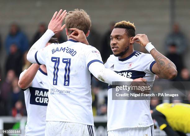 Middlesbrough's Britt Assombalonga celebrates scoring his side's first goal of the game during the Championship match at the Pirelli Stadium, Burton.