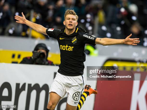 Anton Saletros of AIK celebrates scoring the 2-0 goal during an Allsvenskan match between AIK and Dalkurd FF at Friends arena on April 2, 2018 in...