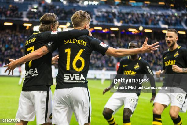 Anton Saletros and Kristoffer Olsson of AIK celebrate scoring the 2-0 during an Allsvenskan match between AIK and Dalkurd FF at Friends arena on...