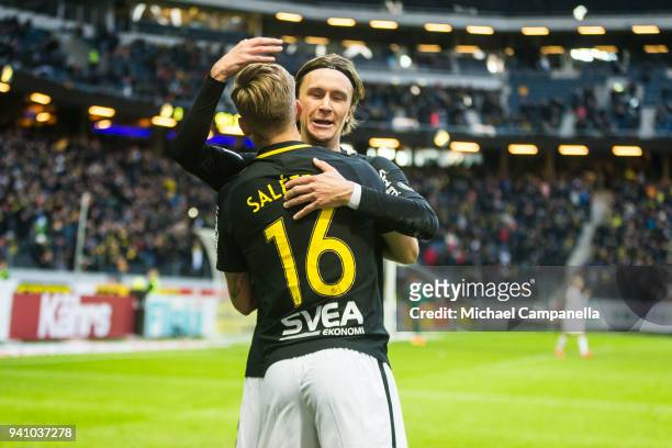 Anton Saletros and Kristoffer Olsson of AIK celebrate scoring the 2-0 during an Allsvenskan match between AIK and Dalkurd FF at Friends arena on...