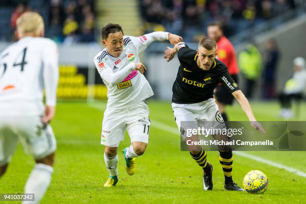 Rasmus Lindkvist of AIK in duel with Yukiya Sugita of Dalkurd FF during an Allsvenskan match between AIK and Dalkurd FF at Friends arena on April 2,...