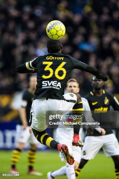 Henok Goitom of AIK clears the ball during an Allsvenskan match between AIK and Dalkurd FF at Friends arena on April 2, 2018 in Solna, Sweden.