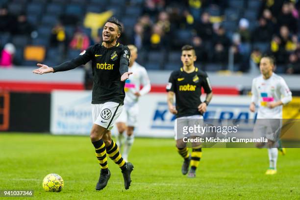 Ahmed Yasin of AIK reacts when the referee fails to play advantage during an Allsvenskan match between AIK and Dalkurd FF at Friends arena on April...