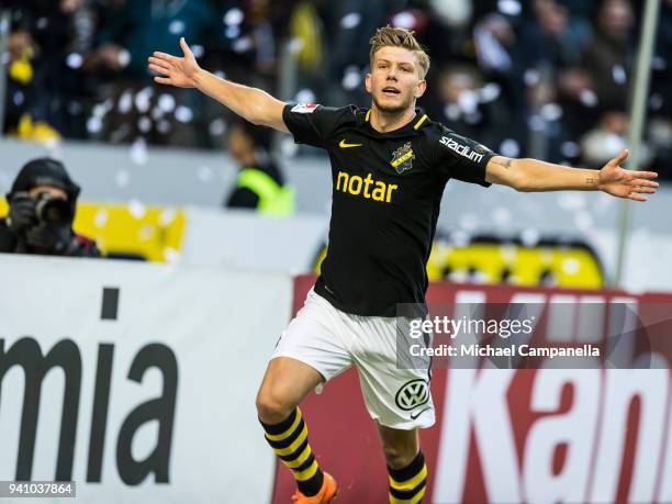 Anton Saletros of AIK celebrates scoring the 2-0 goal during an Allsvenskan match between AIK and Dalkurd FF at Friends arena on April 2, 2018 in...